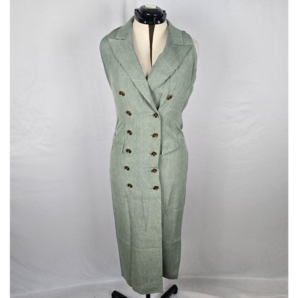 Katie MFG Dress Women's M Sage Green Double Breasted Long Length Sleeveless VTG